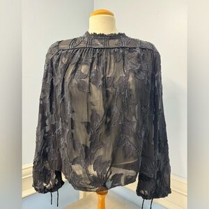 Aritzia Sheer Black Floral Texture Long-Sleeve oversized appliqué Blouse